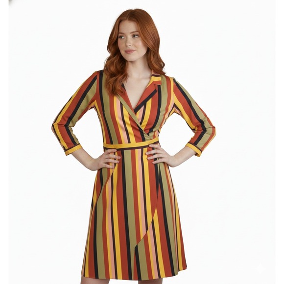 Madison Dresses & Skirts - MADISON Striped Wrap Shirt Dress Womens Medium Midi Belted 3/4 Sleeve Multicolor